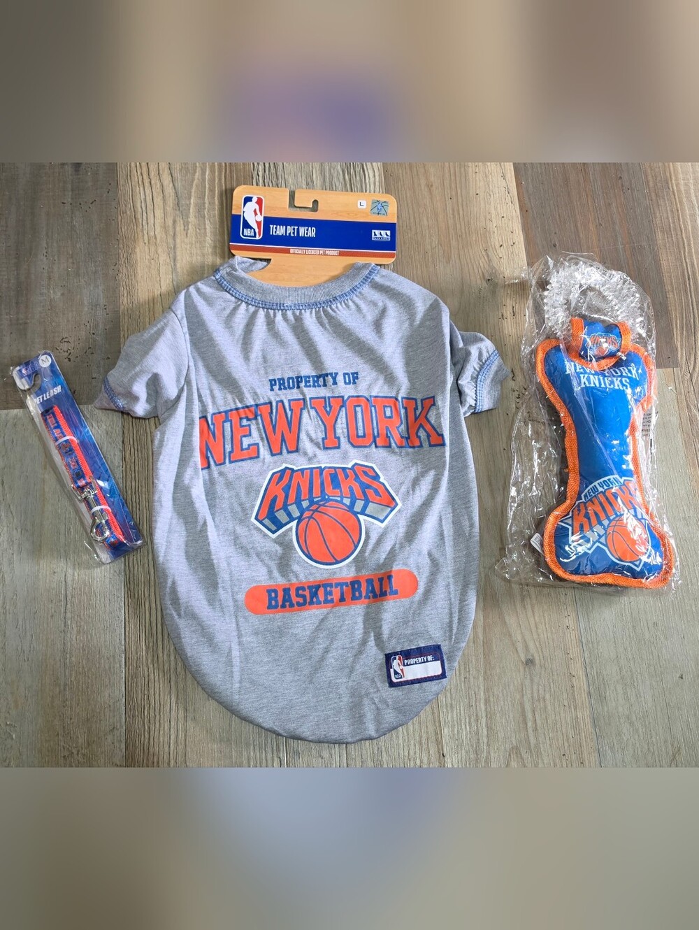 NBA New York Knicks Team Pet Wear, Leash And Dog Toy Bundle